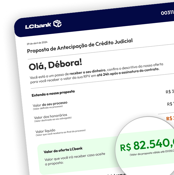 Proposta de antecipação de crédito judicial LCbank para Débora com ROPV