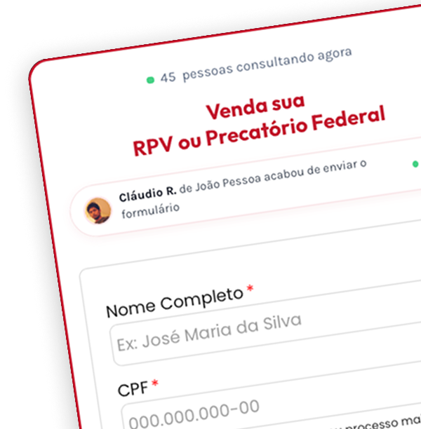 Tela com formulário para venda de RPV ou Precatório Federal